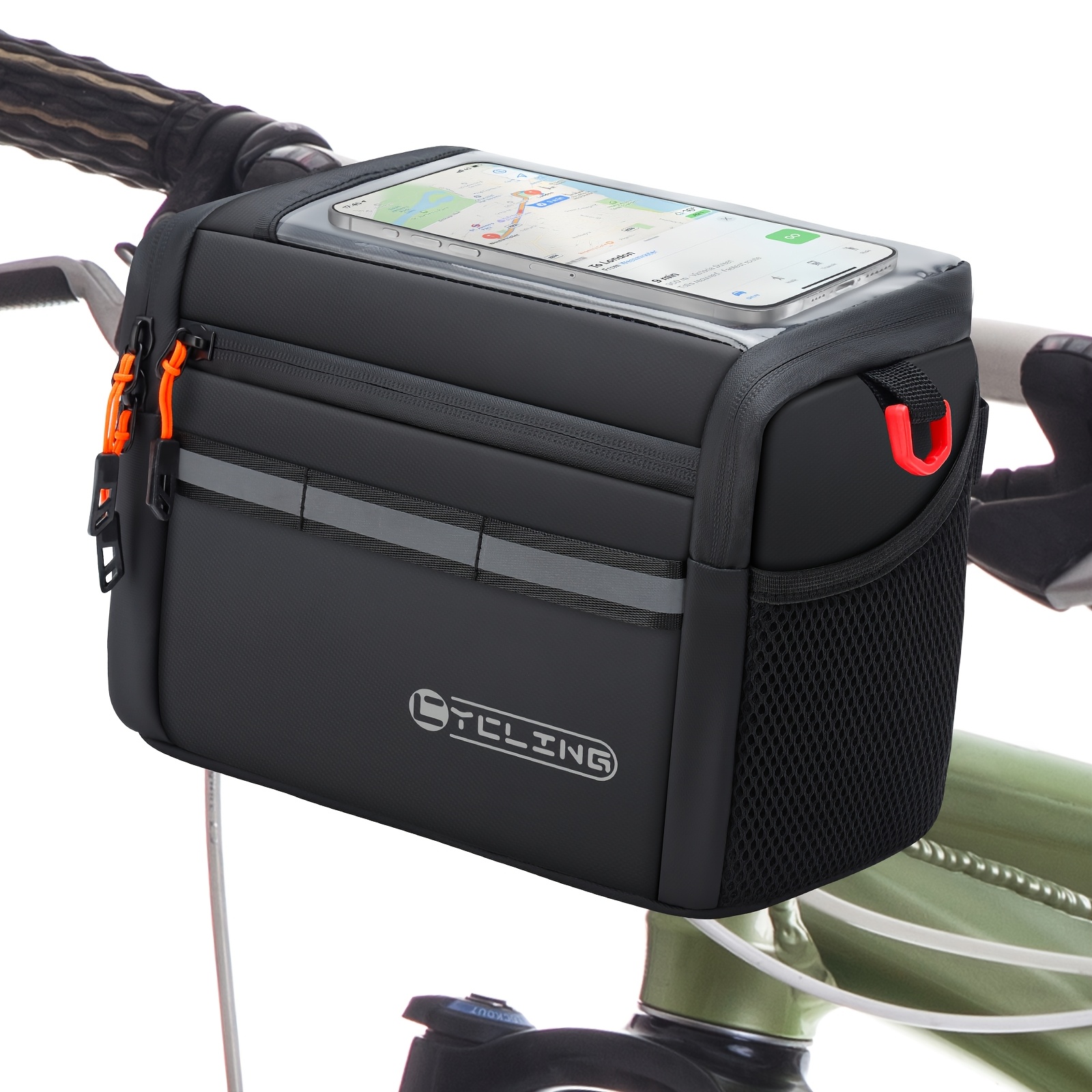 Image of Insulated Bicycle Handlebar Bag, 4l Capacity Storage Pouch With 7.5" Bike Phone Bag Holder Screen Frame Tube Bike Bag With Shoulder Strap For Outdoor Trip
