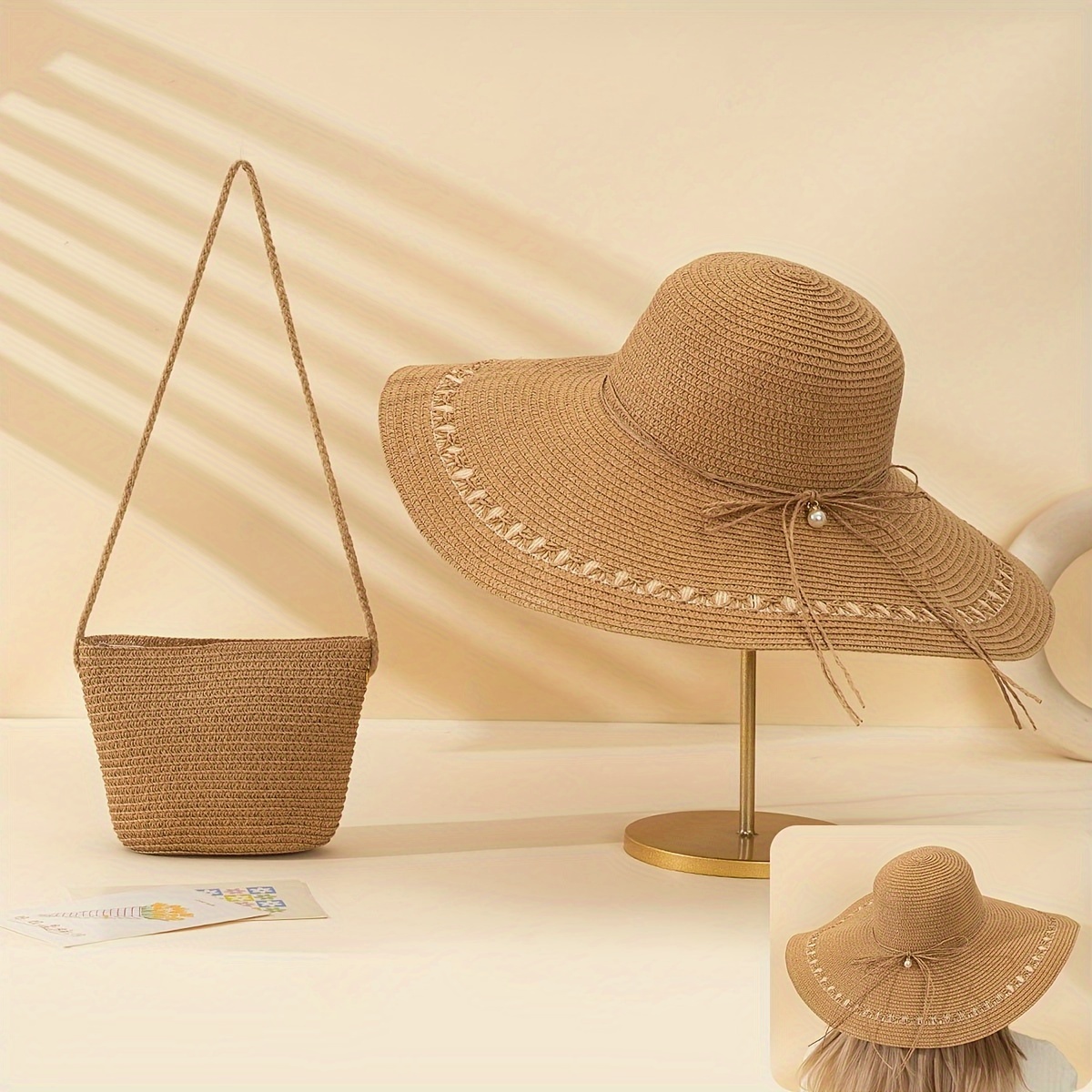 

2pcs Set Women's Khaki Pearl Decor Flat Extra Large Straw Weave Sun Hat And Khaki Woven Crossbody Bag Suitable For Outdoor Beach Vacation Sun Protection Outfit Outfit Travel Casual Outfit