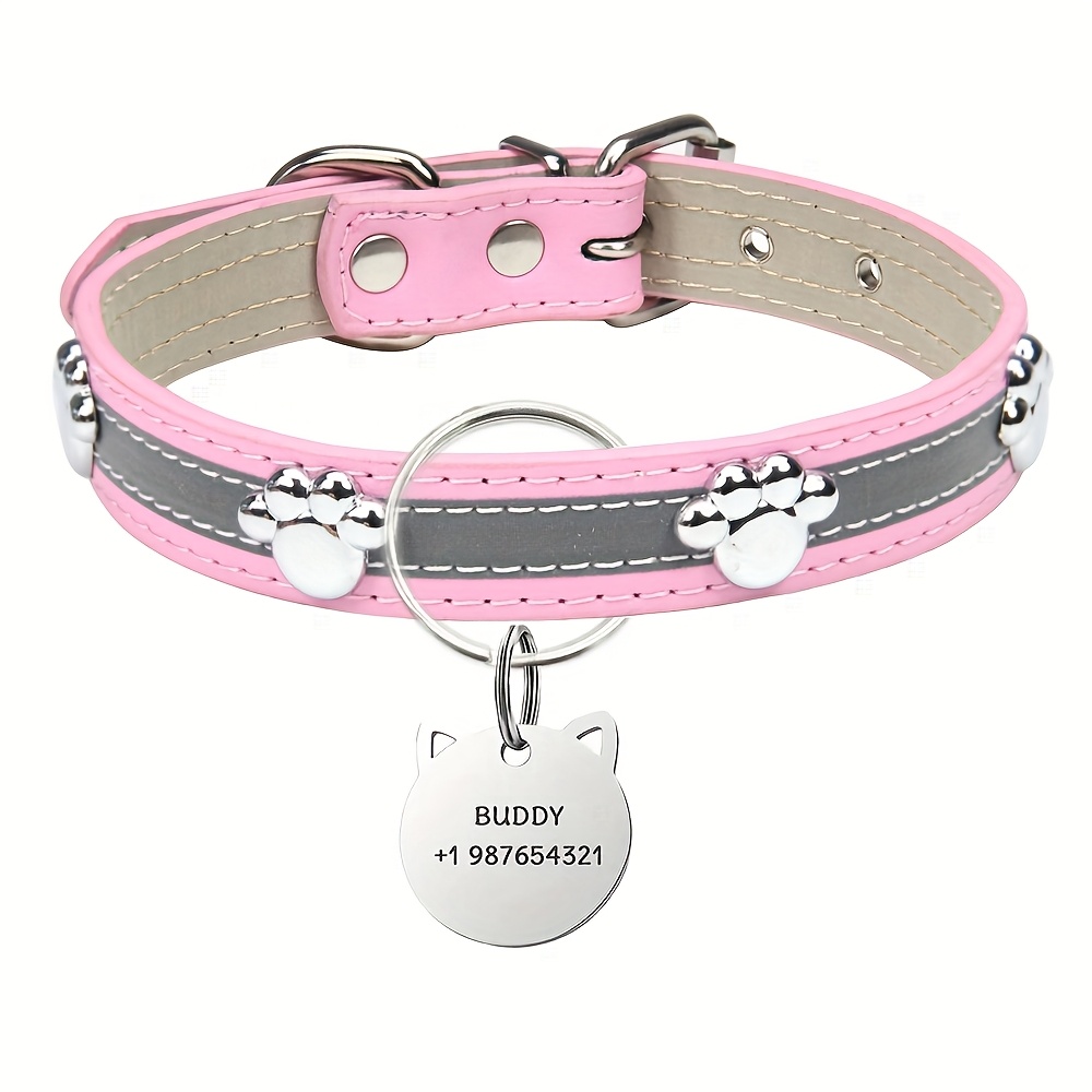 TEMU 1pc Collar With Paw Print Reflective Single-sided Engraved Cat Tag, Multiple Sizes . Reflective Dog Pet Collar, Nighttime Cat Paw Collar, Cat