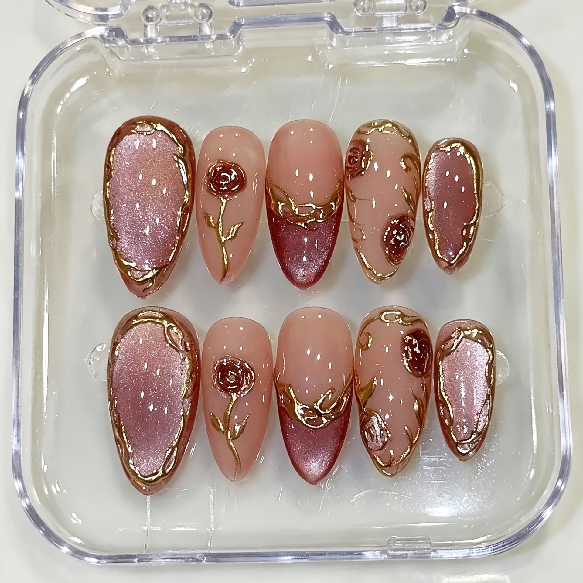 10pcs   press on nails suitable for women almond shape medium length false nails with pink cat eye red rose gilded lines reusable glossy tips for wedding party date bridal machine nails