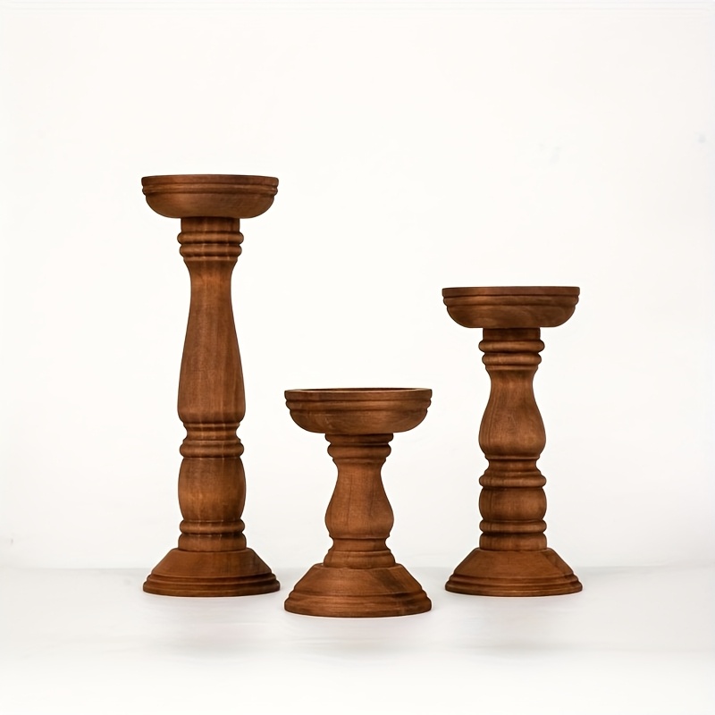 TEMU 3 Piezas de Portavelas Rústicos de Madera - de Mesa Cilíndricos con Detalles Dorados, Sin Necesidad de Electricidad para , Navidad, San Valentín