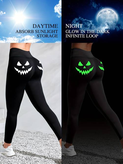 halloween -the-dark demon gezicht print hoge taille leggings voor fitness, hardlopen en yoga