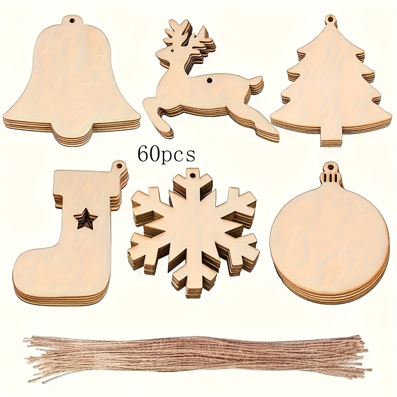 

60pcs Wooden Christmas Ornament Set For Diy Crafts - Includes Trees, Bells, Reindeer, Socks, Snowflakes & Circles - Holiday Decor & Art Projects