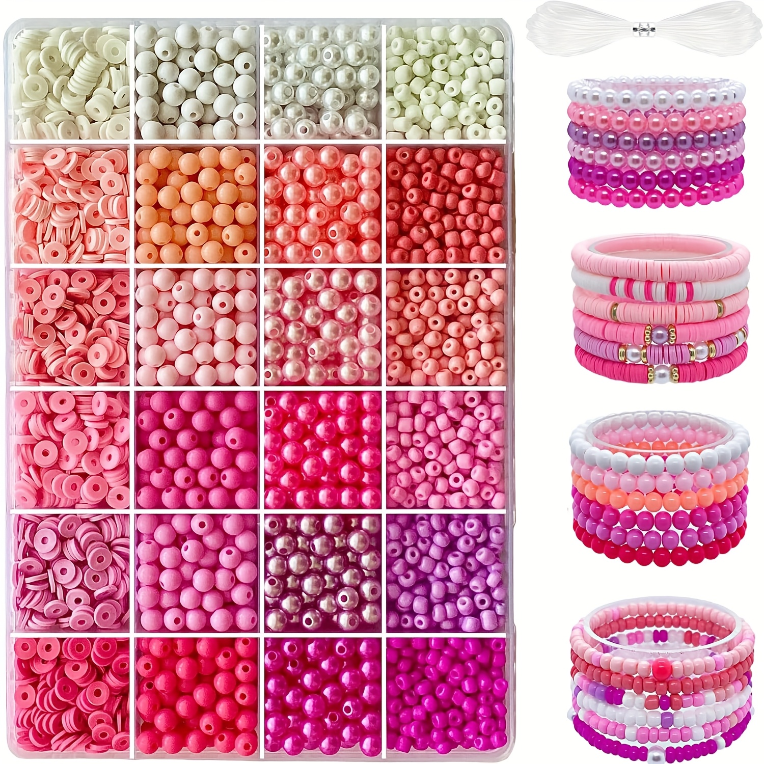 Image of Pink Clay Bead Set With 2820pcs, Made Of Acrylic, Clay, Glass, And Plastic, Featuring Round Pink Beads For Friendship Bracelets, Suitable For Jewelry Making Kits For Bracelets And Necklaces