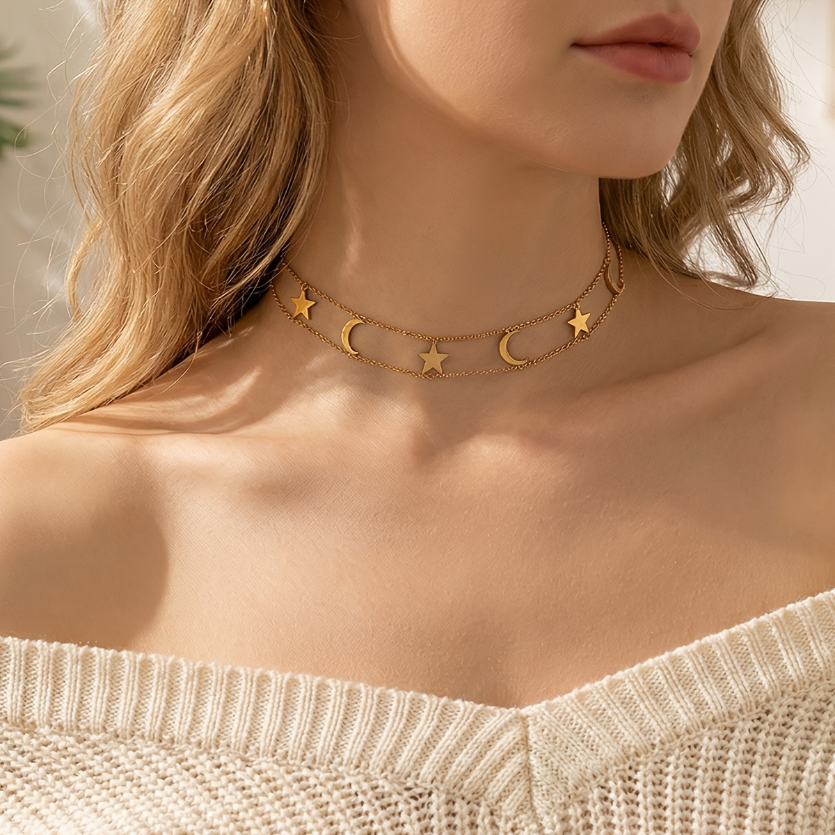TEMU 1pc Women's Star And Moon Double-layer Necklace, Women' Steel Star And Moon Short Neck Chain, 1pc Women' Steel Star And Moon Layered Neck Chain,