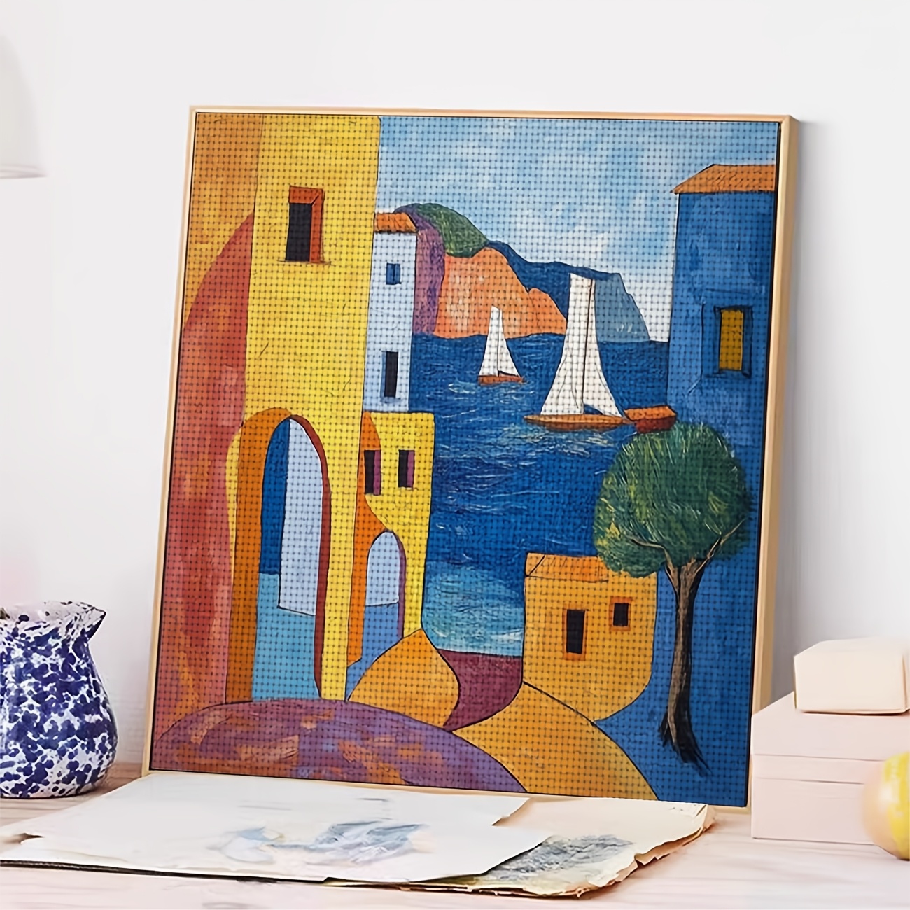 DIY Cross-Stitch Printed Kit, Unframed, "Colorful Coastal Sailboat" Design