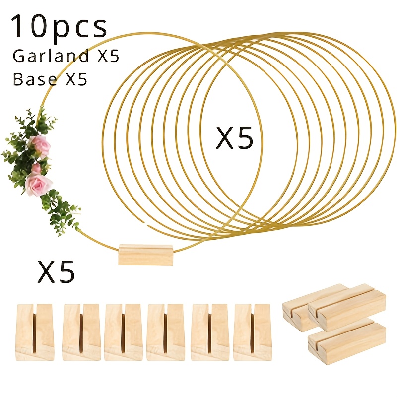 

10pcs Golden Metal Floral Hoop Centerpieces Set With Wooden Stands - Diy Wreath Rings For Wedding, Party & Birthday Decorations