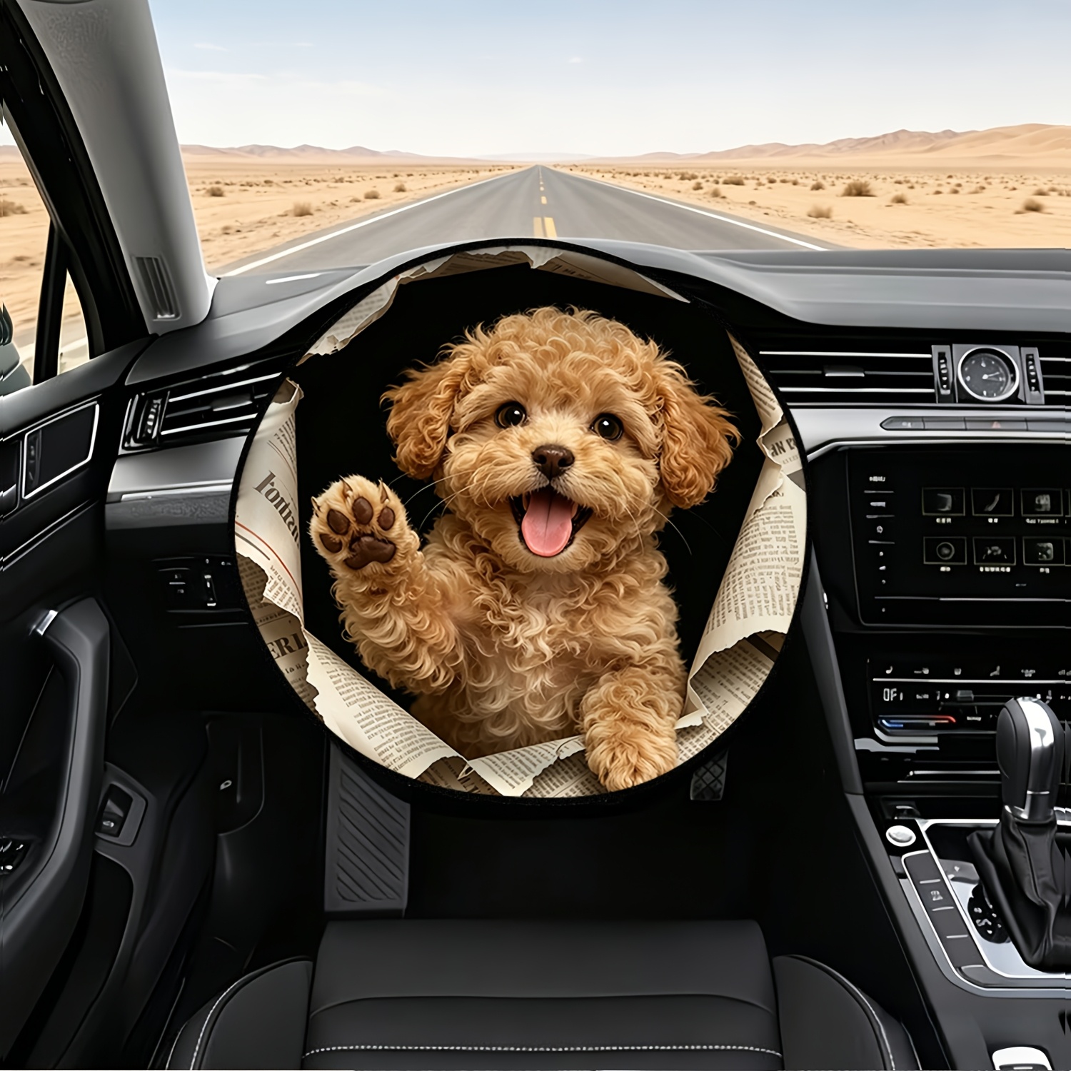 TEMU 1 stuk autostuur zonnescherm, met thema 'schattige puppy breekt door papier schattig moment' 2D-geprint stuurwiel zonnescherm - warmte-isolatie,