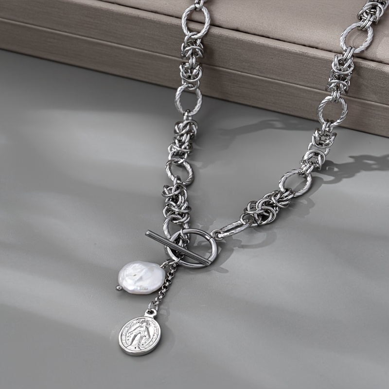 Stainless Steel Necklace with Baroque Pearl Pendant Vintage Style