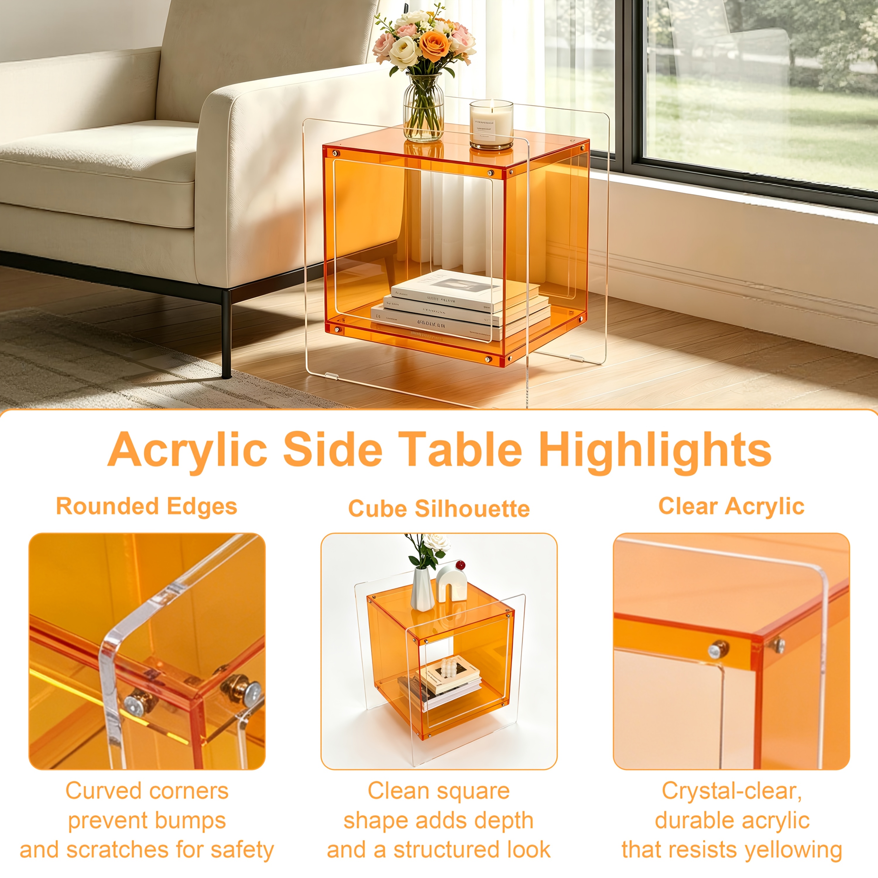 AESOME Modern Clear Acrylic Nightstand with Open Shelf - Portable Bedside Table Suitable for Small Spaces, Multicolor Contemporary Shelf Unit, Assembly Bedside Storage for Bedroom, Bathroom, Office, Living Room, Non-Wood