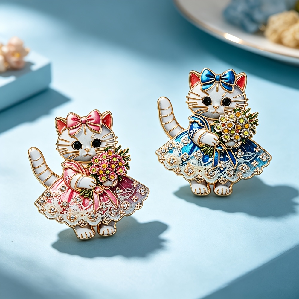 TEMU 2pcs/set Solevdo Enamel Rhinestone Brooch, Electroplated Bow Dress Cat Holding Bouquet With Simulated Crystals, Sweet Vintage Elegant Decorative