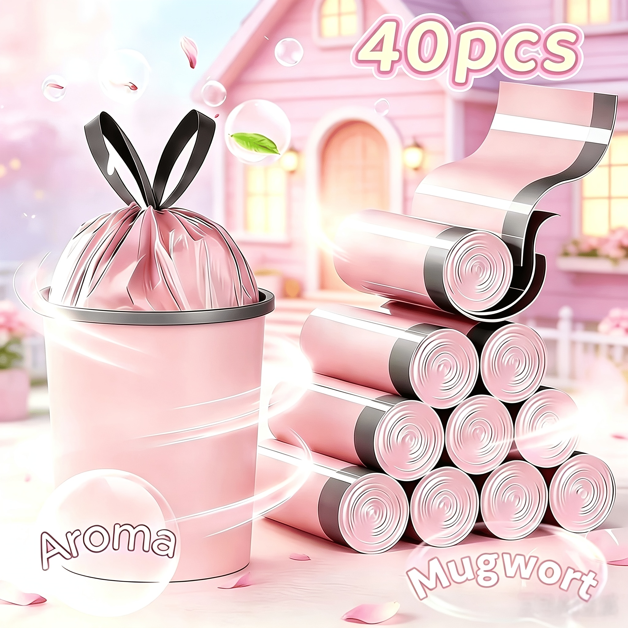 TEMU 40-pack Pink Scented Drawstring Garbage Bags - Leak-proof And Odor-proof Garbage Bags - Extra Large Thick Garbage Bags, Tear-resistant, Suitable