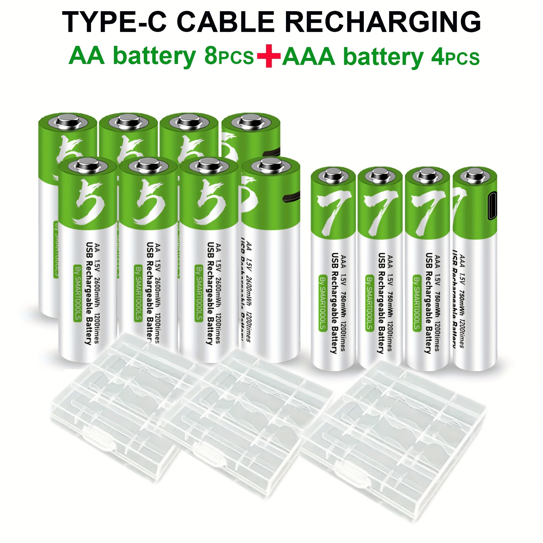Image of 8pcs Aa + 4pcs Aaa Battery Aa+aaa Batteries Set, Aa Aaa Rechargeable Lithium , High Capacity 1.5v 1733mah 2600mwh + 500mah 750mwh Rechargeable Lithium Battery, 1.5 Hours Fast Charge, Output