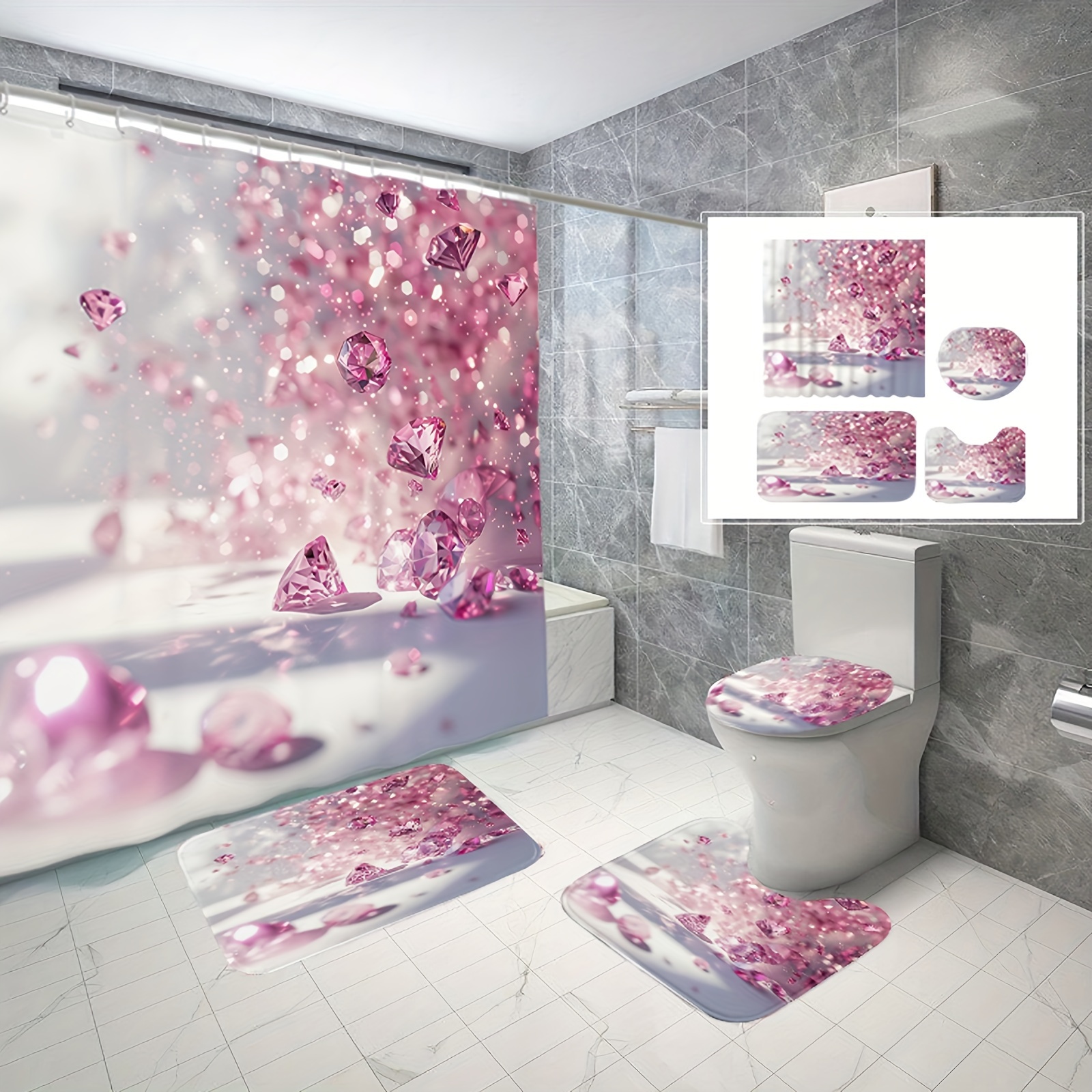 

Abstract Pink Diamond Pattern Polyester Shower Curtain Set With Lining - Cordless, Woven, All-season Bathroom Decor Includes Non-slip Bath Mat, Toilet Lid Cover, U-shaped Rug And 12 Hooks