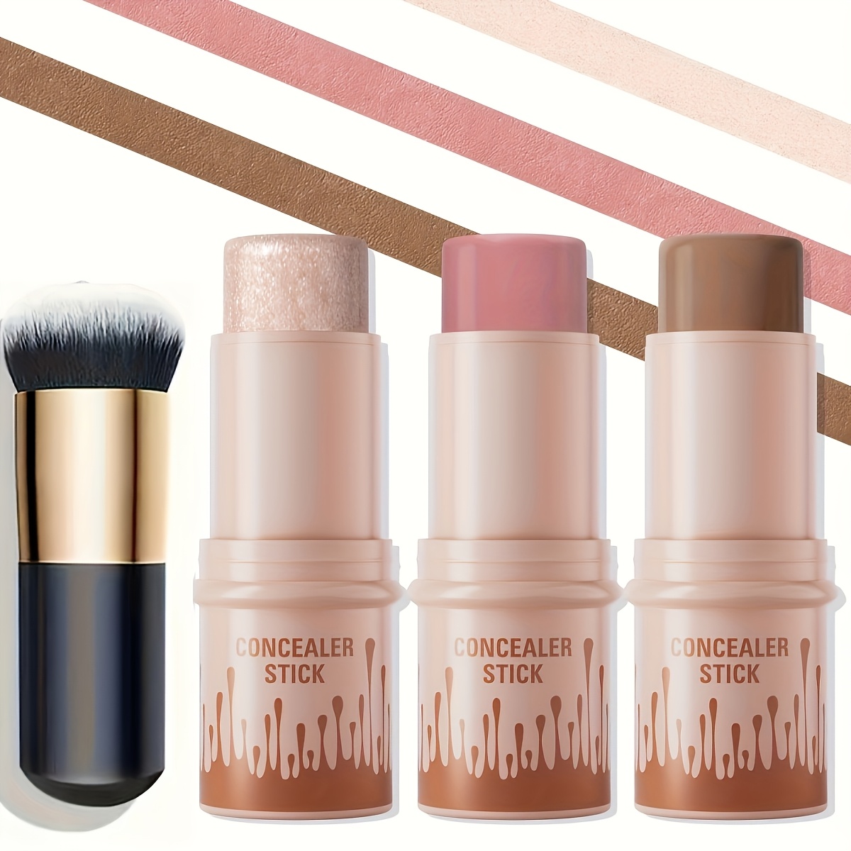 TEMU 3pcs Contour Stick, Blush Stick, Highlighter Stick, Bronzer Stick, 3pcs Cream Contour Kit With Brush For A Flawless Look, Contour Stick Makeup