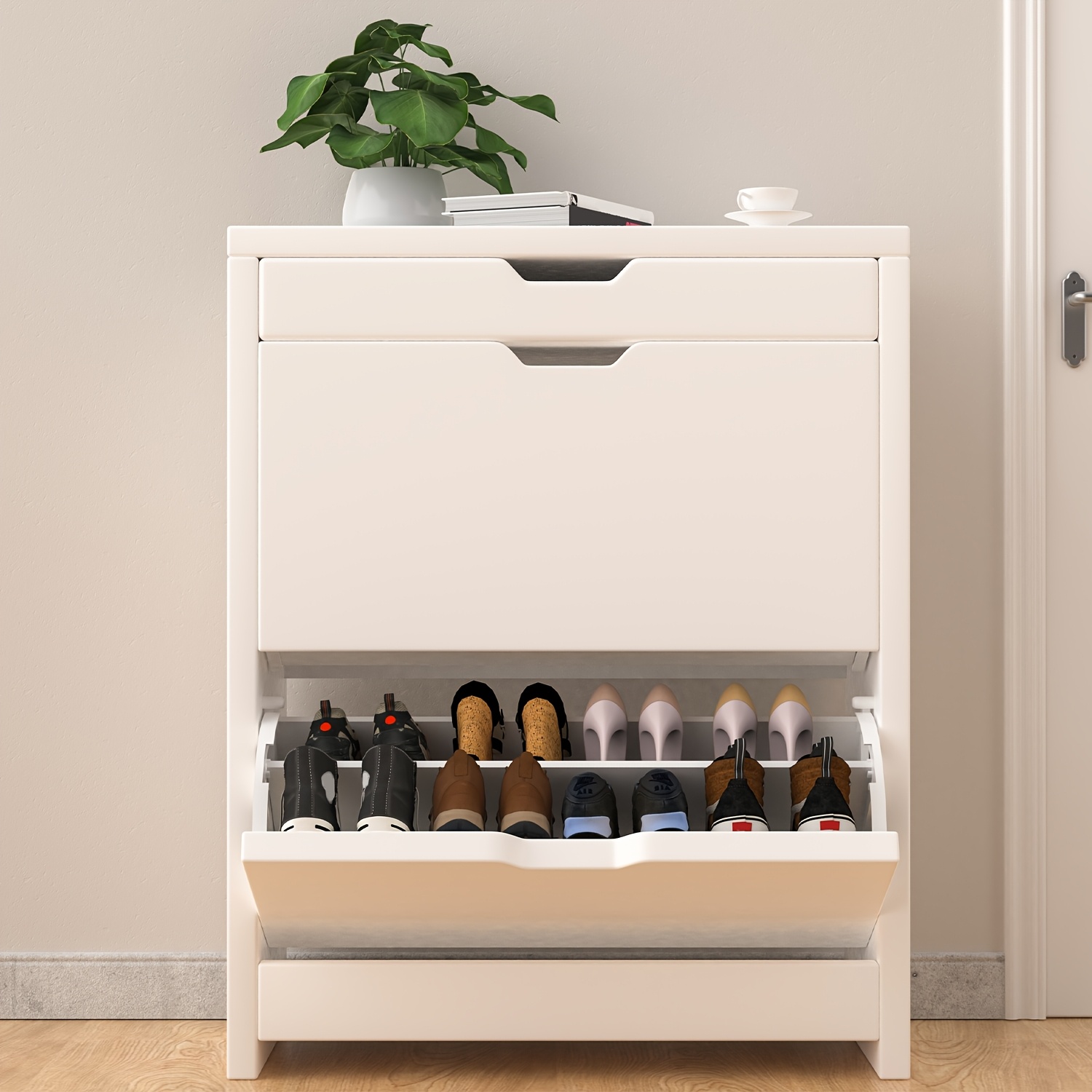 Image of Shoe Cabinet Wooden Shoe Storage Cupboard 2 Flip Doors Footwear Organizer Hallway Shoe Rack White 102.5 X 78 .5 Cm