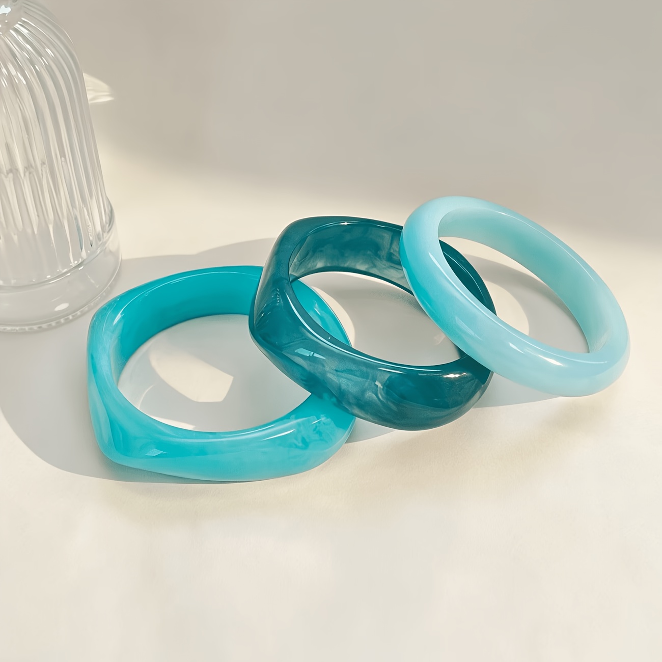 TEMU Women's Blue Gradient Tattoo Bracelet Set, Thick Resin Material, Irregular Round Glossy Style, Stackable, Ideal For Summer Wear, Exuding Charm,