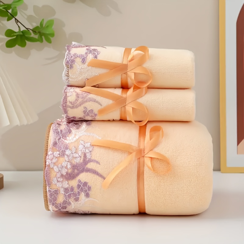 TEMU Set Of 3 Lace-embroidered Towels, Including 2 Soft Microfiber Towels And 1 Bath Towel, Perfect For Bathroom Use And Absorbent