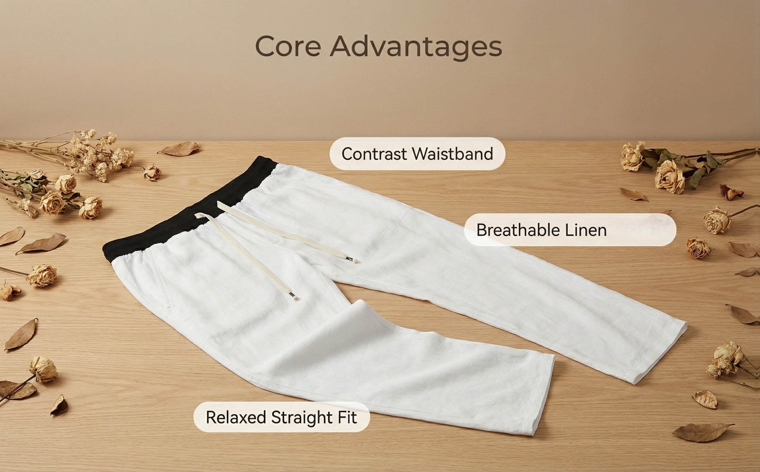 Men's Summer Linen Casual Pants with Contrast-Color Waistband and Drawstring, Breathable and Draping Straight-Leg Cut, Loose-Fitting and Non-Stuffy, Available in Multiple Colors, Suitable for Daily Commuting, Home, and Beach Vacations