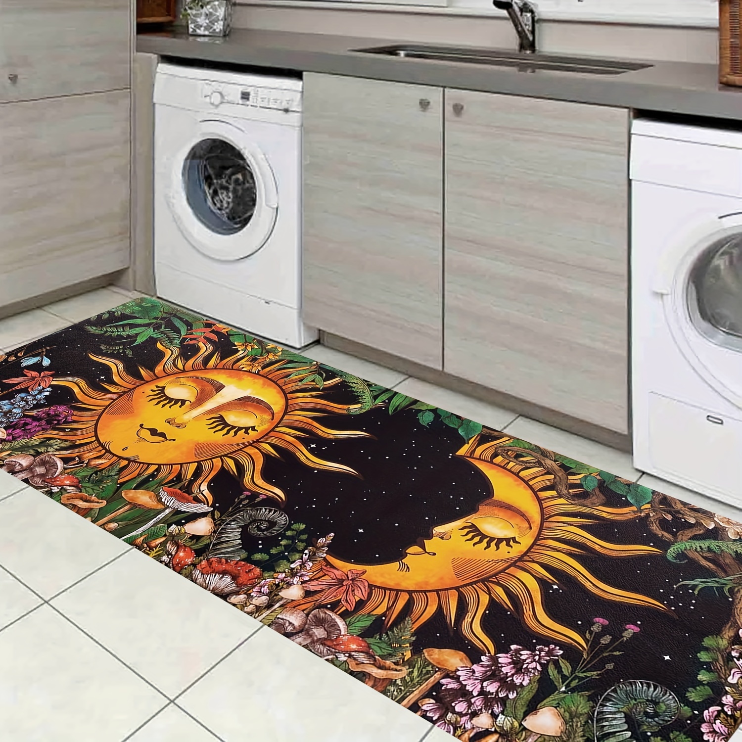 

Sun & Moon Laundry Room Rug - Soft, Non-slip, Machine Washable Decorative Mat With Fantasy Plants Design - Perfect For Hallways, Entryways, And Kitchens