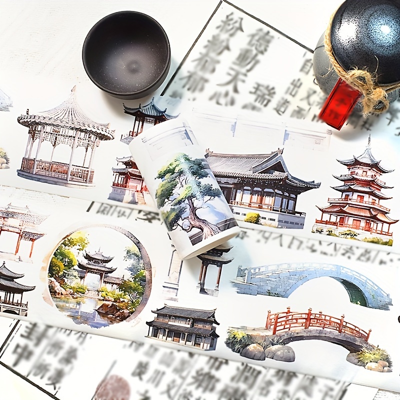 

Chinese Garden Architecture Washi Tape, 2m Roll - Waterproof Pet Decorative Adhesive For Scrapbooking, Journaling & Card Making