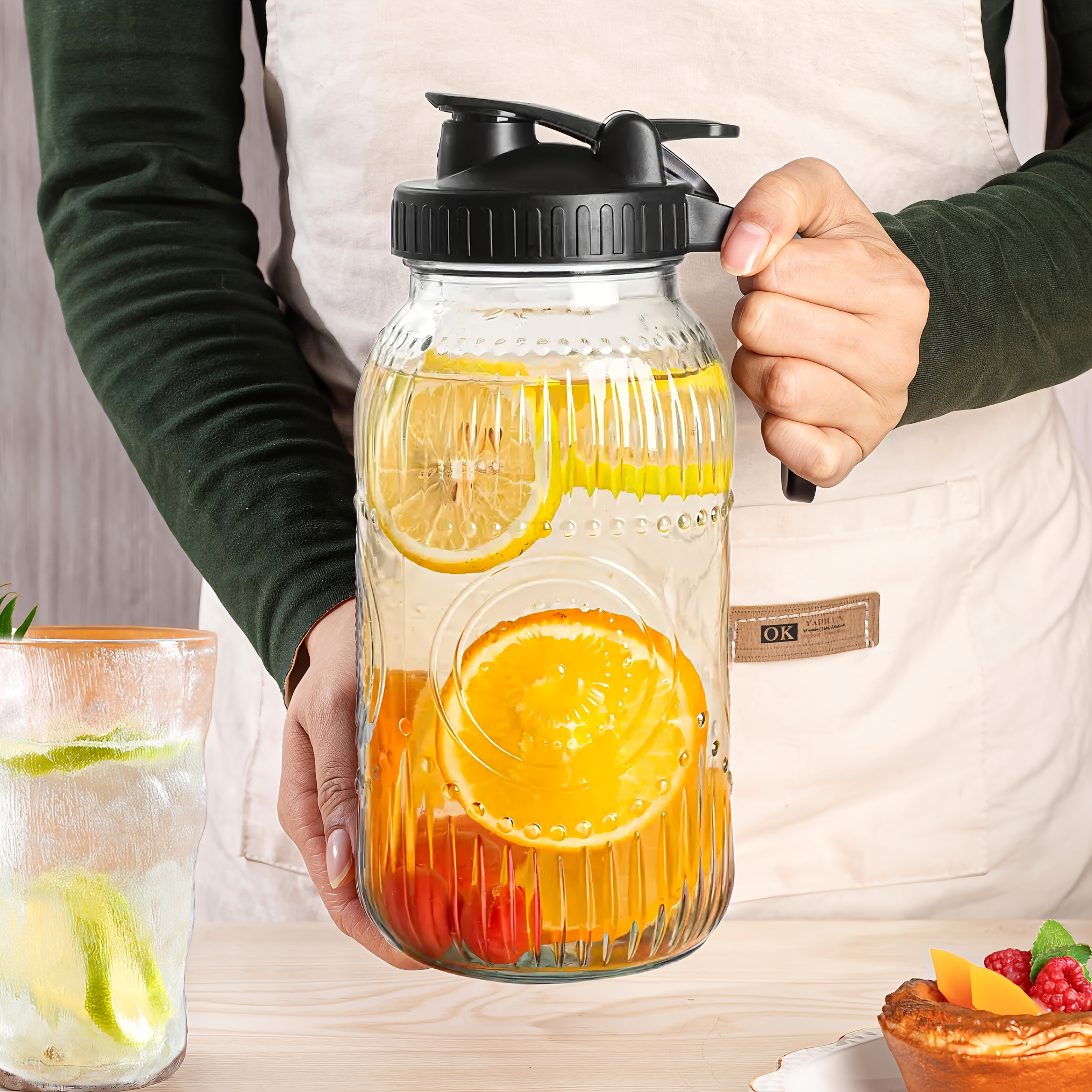 Glass Mason Jar Pitcher With Pour Spout & Handle, Wide