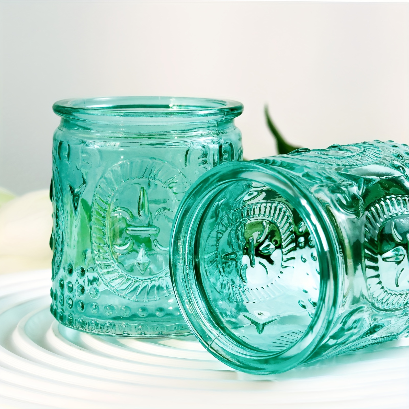 E-shop 2er-Set Sonnenblumen-Relief-Glas-Kerzenhalter – Türkis-Grün Tischdeko, Boho-Deko für Hochzeit/Party/Geschenke