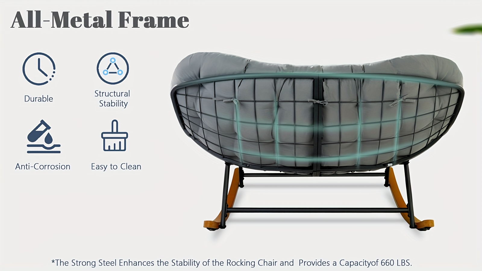 [Outdoor Rocking Chair] Outdoor Patio Rocking Chair, Oversized Papasan Rocking Chair for 2 with E-Coated Steel Frame And Thick Cushion