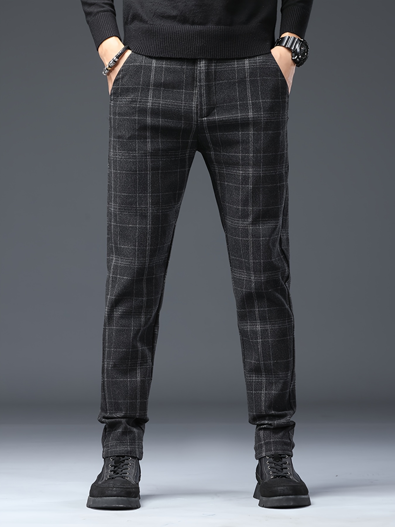 mens   fit straight leg plaid pants brushed stretchy comfortable stylish new   for autumn and winter Product details 9