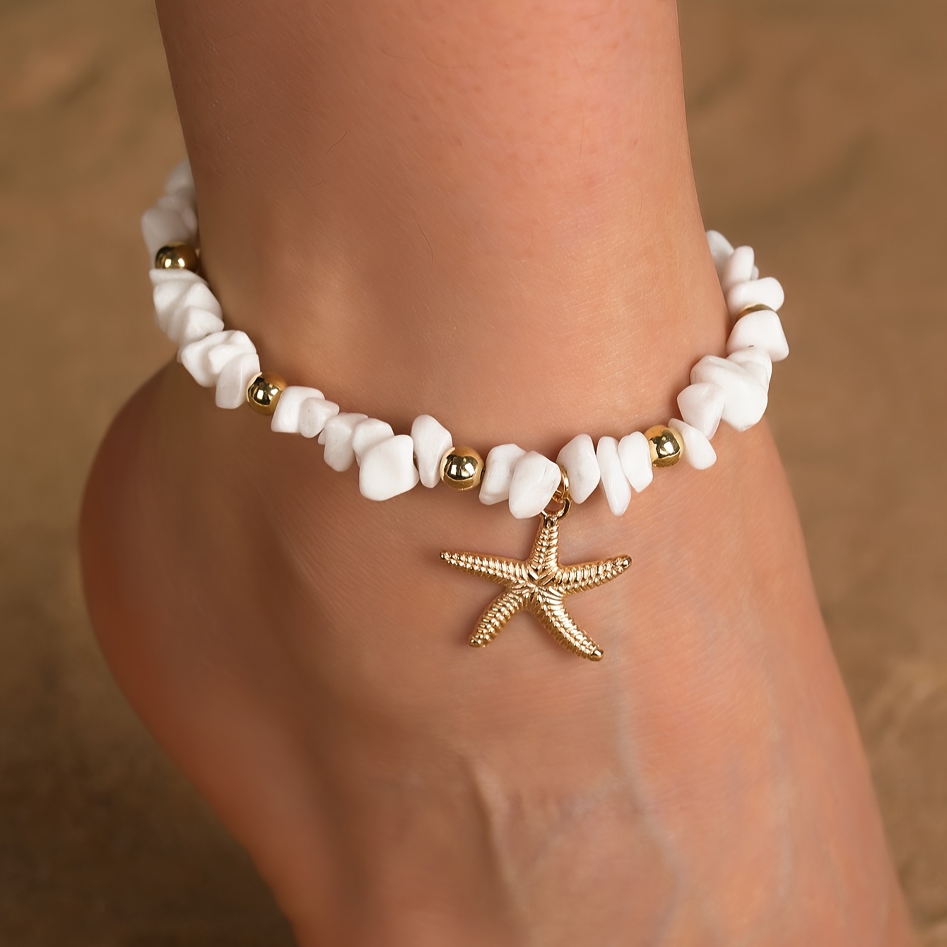 Image of 1pc Ocean-themed White Irregular Stone Beaded Starfish Pendant Anklet, Adjustable Size, Elegant Women's Beach Casual Vacation Wear And Gift For Girlfriend