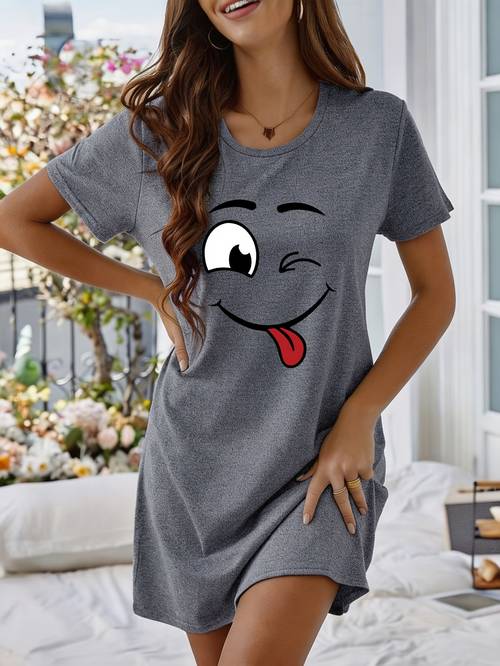 cartoon cute tongue out print pattern short sleeve nightgown womens fashion pajamas