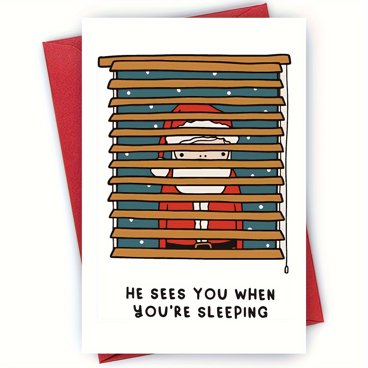 

Funny Santa Claus Peeking Christmas Greeting Card, Cartoon Santa "he Sees You When You're Sleeping" Blinds , , Family, Colleagues - Unique Humor For Anyone