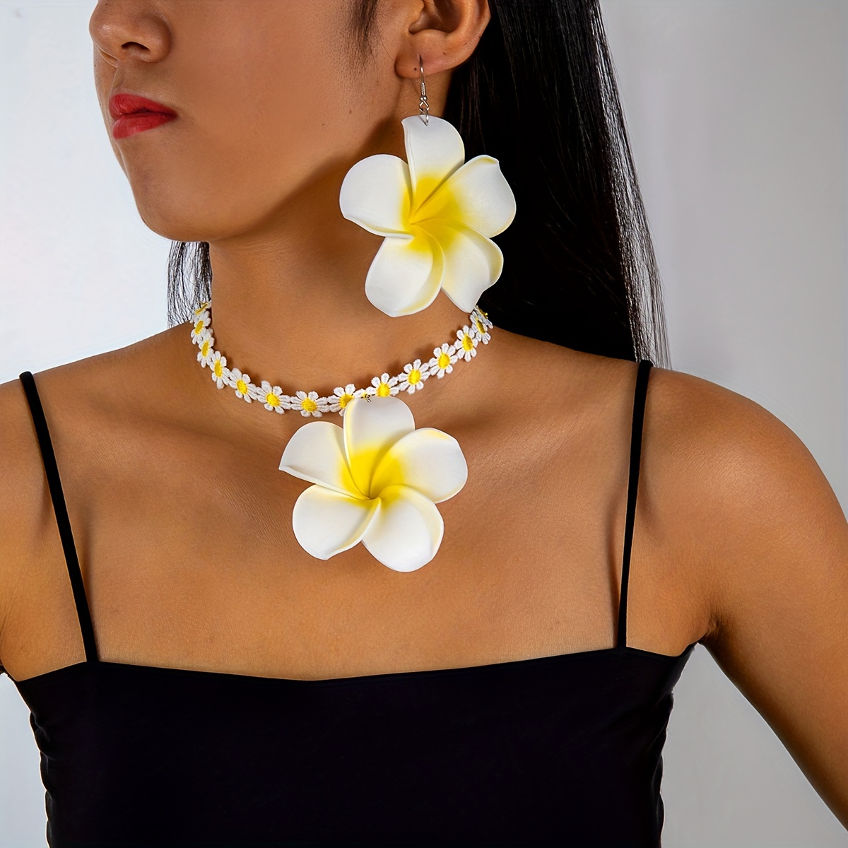 Image of 2pcs Stylish Instagram-style Polystyrene Artificial Daisy Flower Choker Pendant Necklace And Earrings Set, Romantic And Beautiful Polyester Fiber Necklace And Drop Earrings Jewelry Set