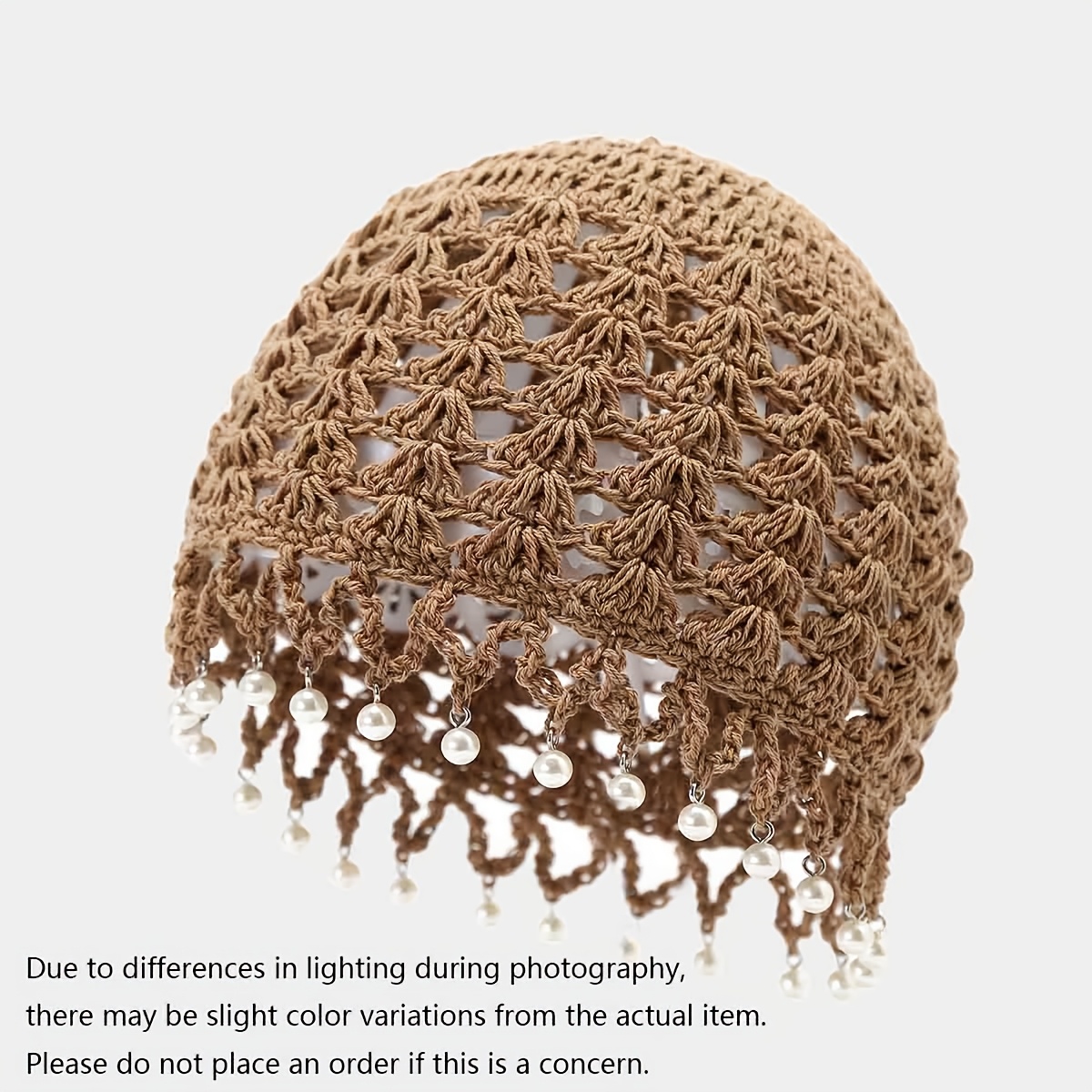 Image of 1pc Handmade Crochet Hollow Out Bag Head Scarf Women's Flower Tassel Hooded Knit Hat All-match