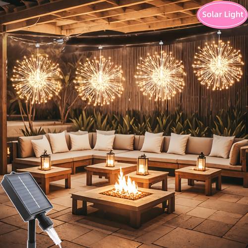 2 4pcs hanging solar powered outdoor firework lights 240 480 led sparkling starburst sphere lights warm white multicolor copper wire lights for patio umbrella eave garden tree tent christmas decoration