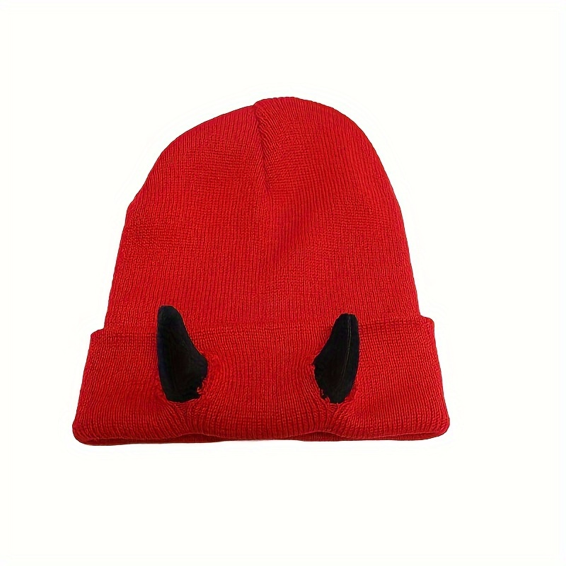 Rose Red Devil Horn Beanie Hat – Plush Winter Cap with Green Horns & X Eyes Devil Horn Beanie, Little Devil Beanie, Demon Horns, Devil  main image 4