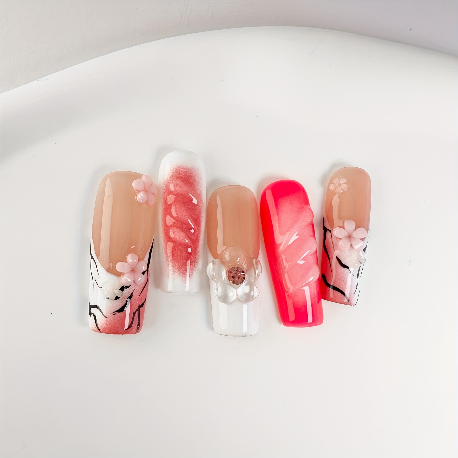 

10 Pcs Handcrafted Wearing Nails With Red Gradient, Floral And Leafy Designs, Square Shape, And Matte Finish - Includes 1 And 1 Nail File