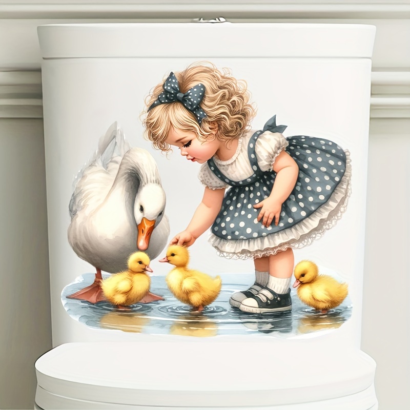 

1pc Houndstooth Pattern White Swan And Ducklings Toilet Lid Decal - Self-adhesive Ceramic Toilet Seat Sticker With Semi-glossy Finish, Home Bathroom Decoration - Square Shape, Single Use