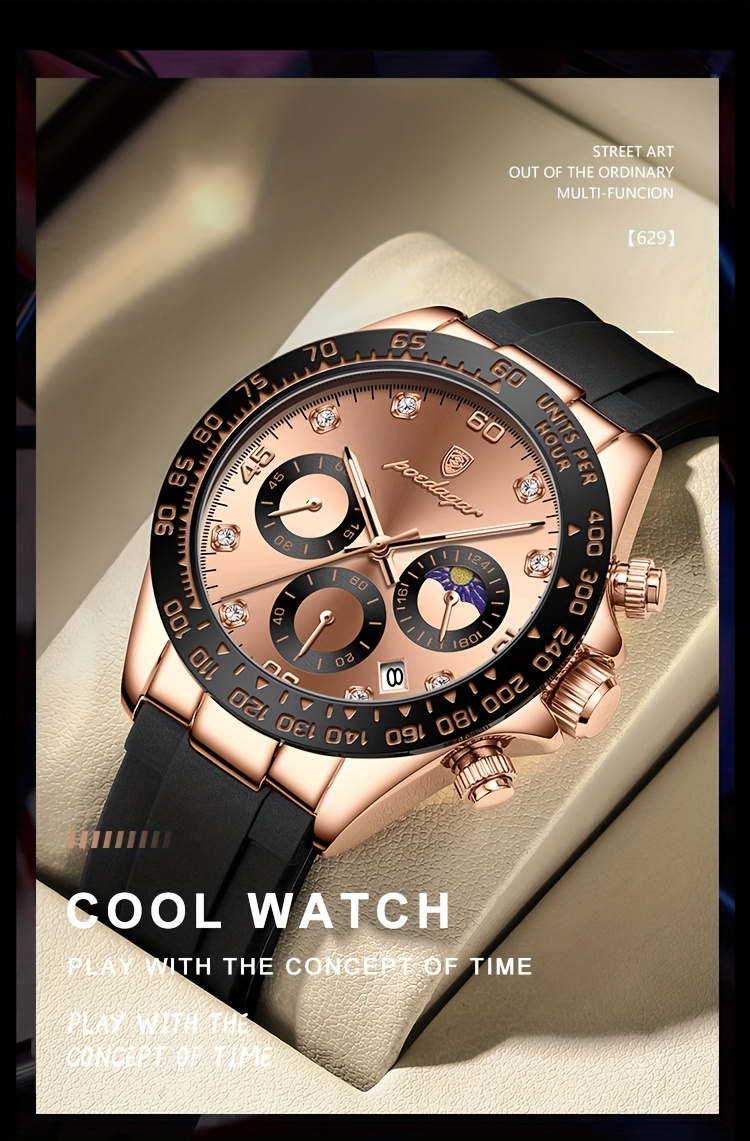 s waterproof quartz watch rose golden luminous calendar timer silicone strap business fashion style ideal for students professionals details 12