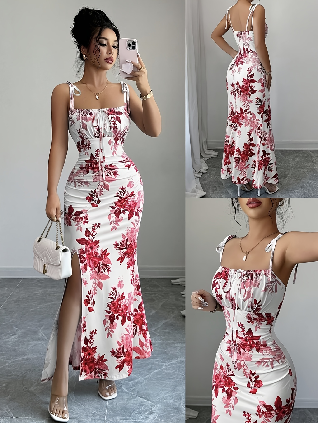 Ladies' Elegant Printed Spaghetti Strap Ruffled Shoulder Tie Bow Hip Slit Dress for Dates, Parties, Gatherings, Beach Vacations