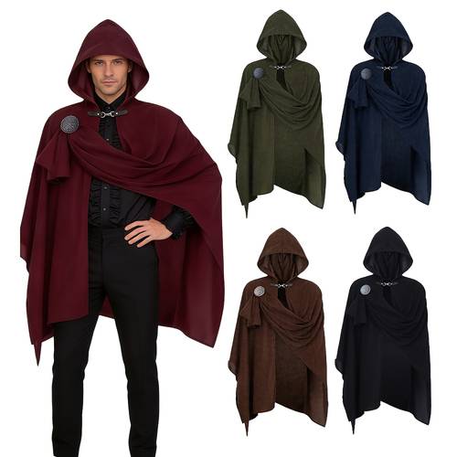 medieval style long cloak with hood for women featuring a vintage brooch suitable for halloween carnival and parties during period
