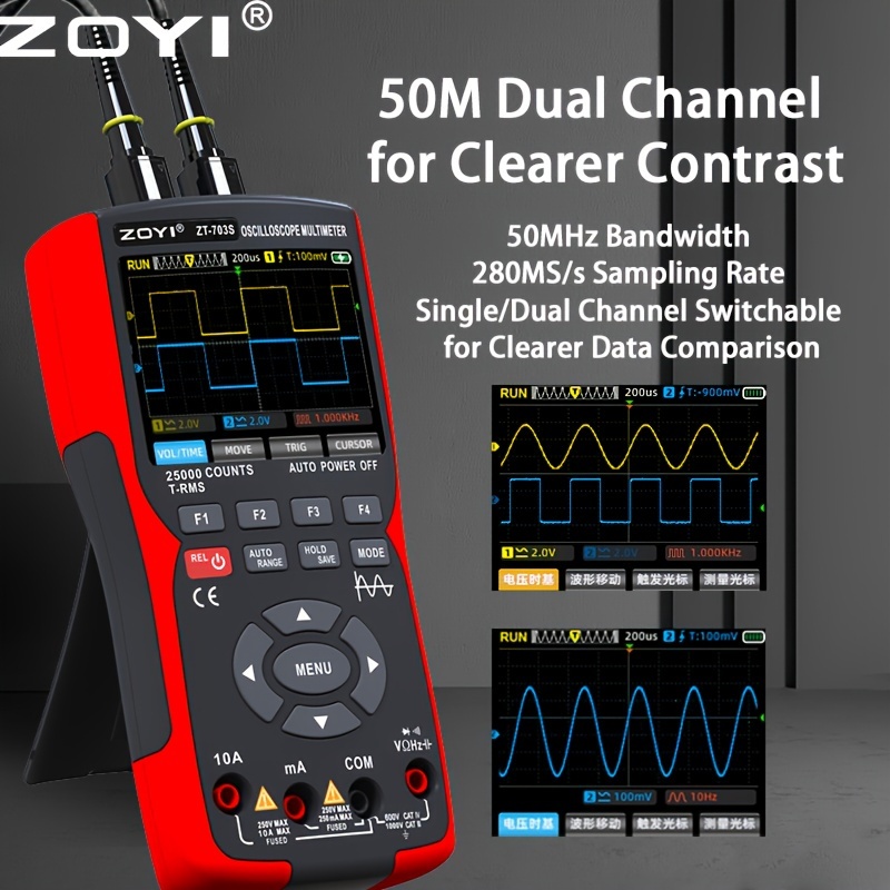 

Zoyi Zt703s 3in1 Digital Oscilloscope Multimeter Dual Channel 50mhz 280ms Sampling Rate Multi Tester