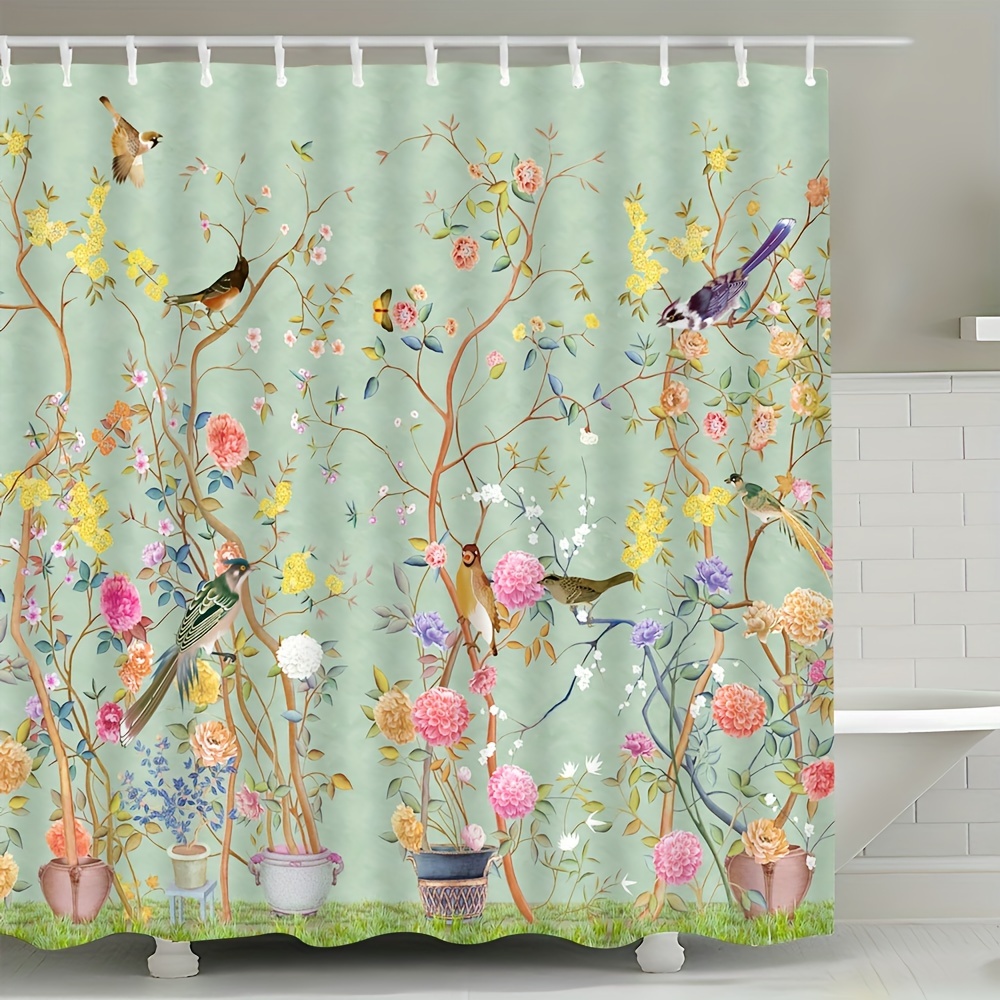 

1pc Flower Bird Shower Curtain, Waterproof Bathroom Partition Curtain With Hooks, Bathroom Accessories, Machine Washable Bathroom Curtain For Home And Hotel Decor