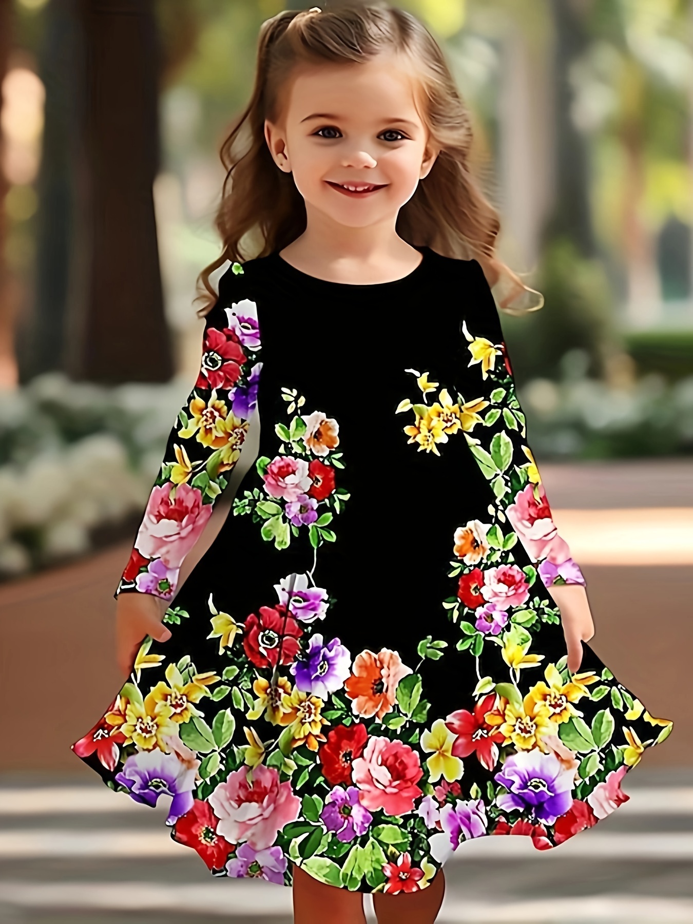 Floral Print Crew Neck Slim Dress Elegant Layered Flutter - Temu