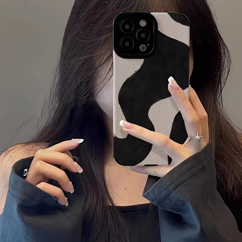 Simple Black Ink Pattern Mobile Phone Case Suitable for iPhone 16, 15, 14, 13, 12, 11, ProMax, plus, PRO Synthetic Faux Leather Matte Soft Mobile Phone Case, Full Edge Suede Mobile Phone Protective Case - Image 4