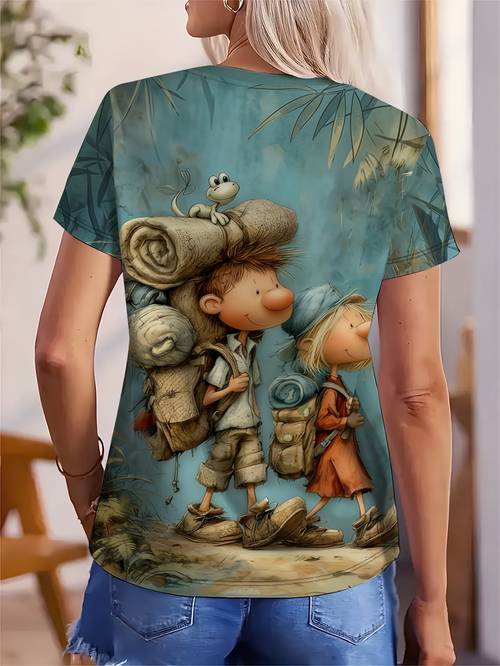 item picture womens outdoor adventure hiking t shirt cute lizard backpack print short sleeve summer top casual round neck blue blouse for hiking casual attire machine washable for moms