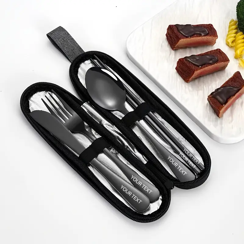 customized 4pcs stainless steel knife fork and spoon set stainless steel knife fork and spoon black tableware set outdoor travel knife and fork portable storage bag outdoor picnic family reusable tableware Product details 1