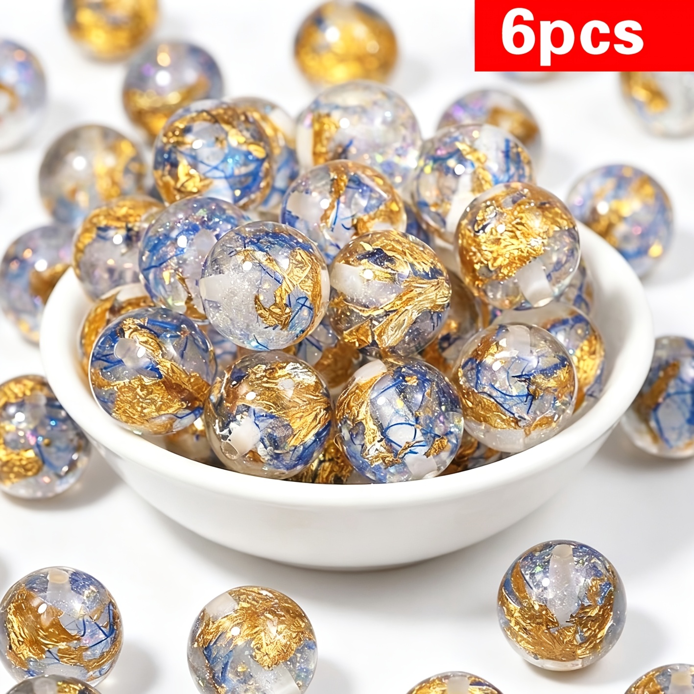 TEMU Perles rondes larges de 16 mm avec paillettes craquelées bleues et dorées, adaptées aux décorations de fêtes, à la création et aux loisirs