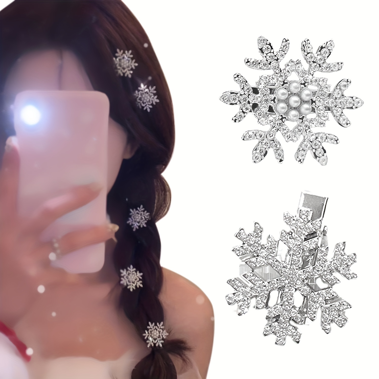 

6pcs Elegant Snowflake Hair Clips With Rhinestones, Metal Silver Round Hairpins, Christmas Festive Sweet Style Hair Accessories