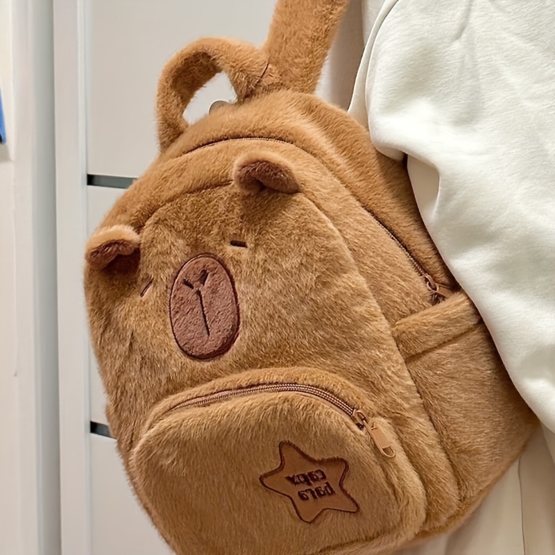 

1pc Capybara Plush Backpack, Cute Cartoon Animal Print Fur Bag With Fixed Shoulder Straps, Solid Color Zippered Pouch For Women, Ideal Christmas Gift